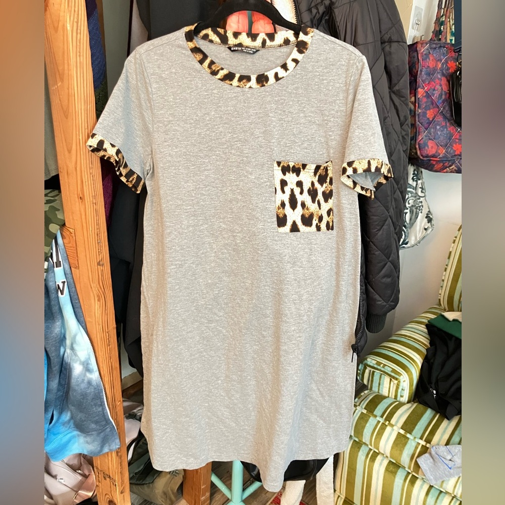 SHEIN Gray Tee Dress with Leopard Trim